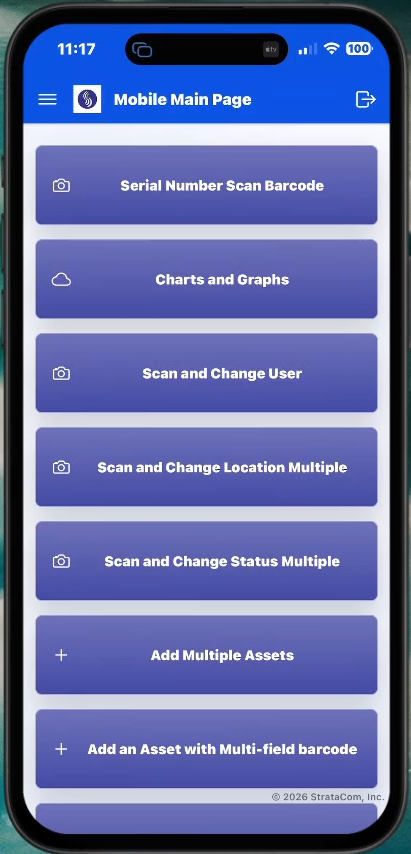 Mobile barcode scanning app interface showing Jira Service Management asset actions
